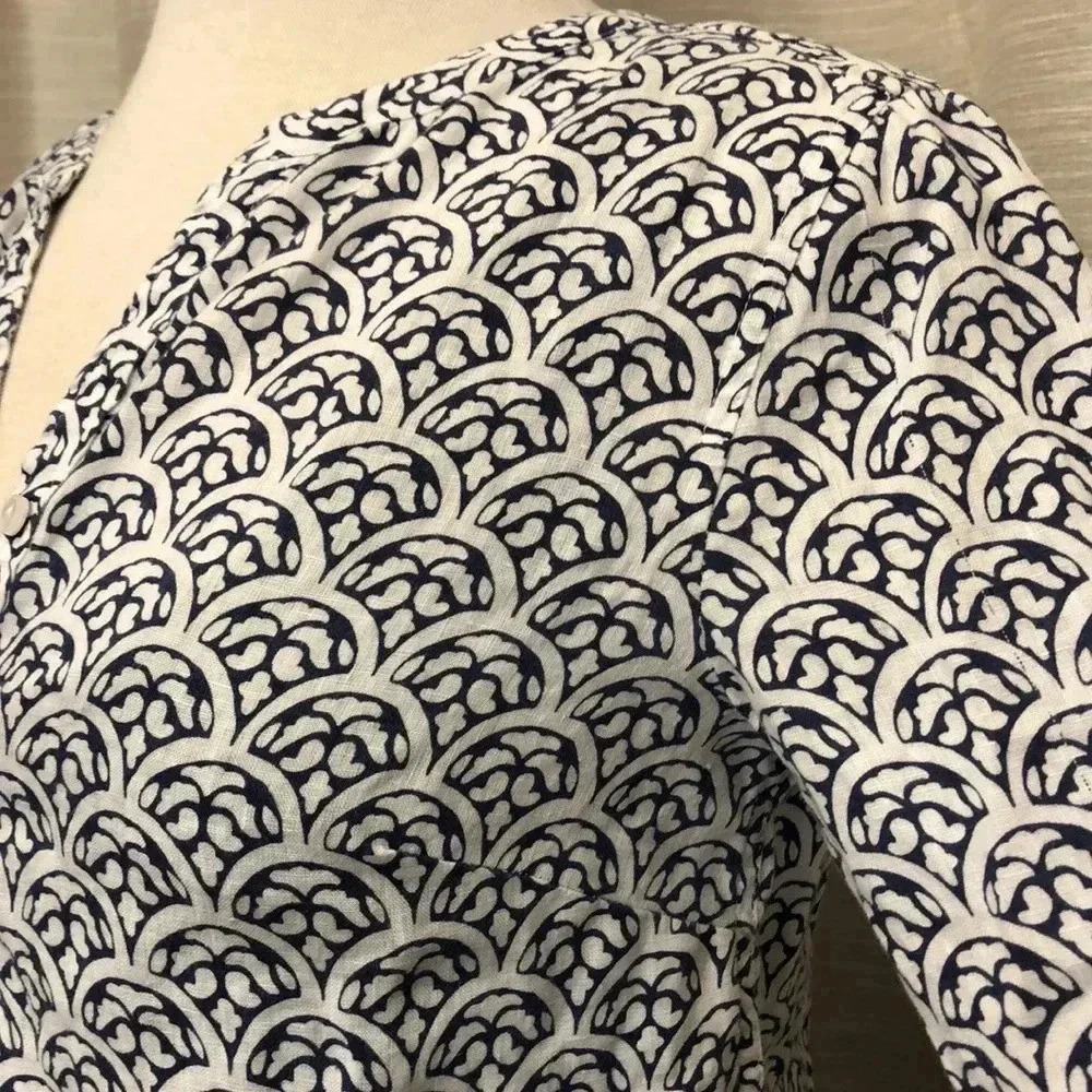 Talbots 100% Linen White Navy Blue Scallop Print Popover - Picture 4 of 11